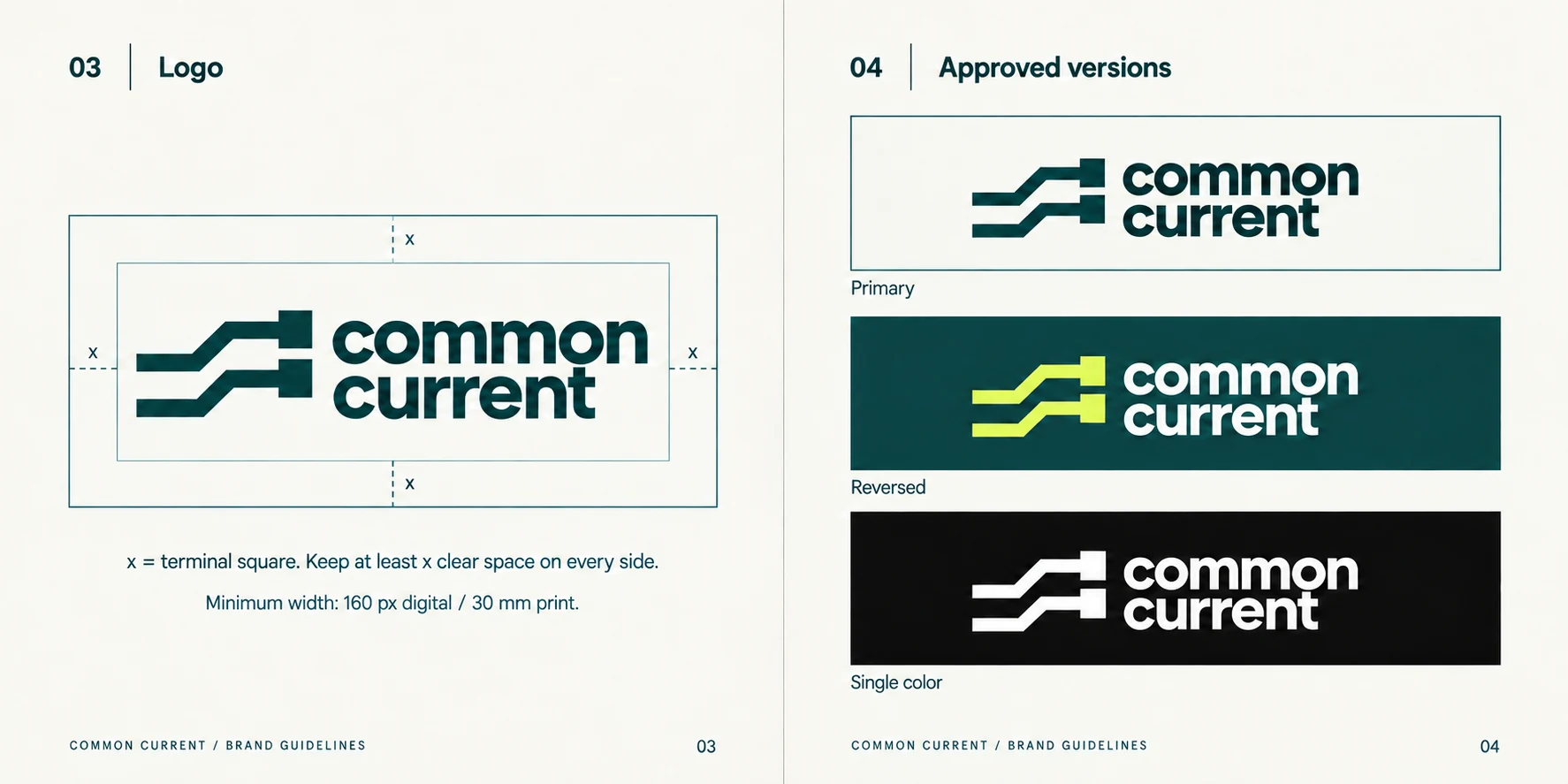 Common Current: Logo standards — pages 03–04