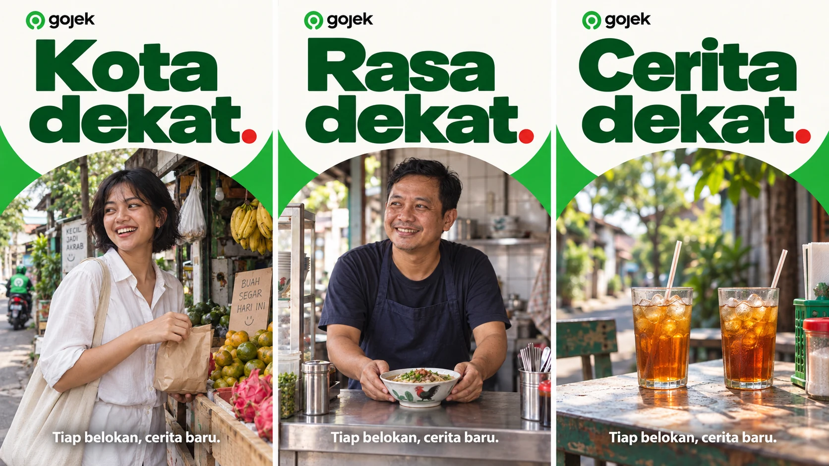 Gojek / Kota Dekat: Three-frame social story presentation