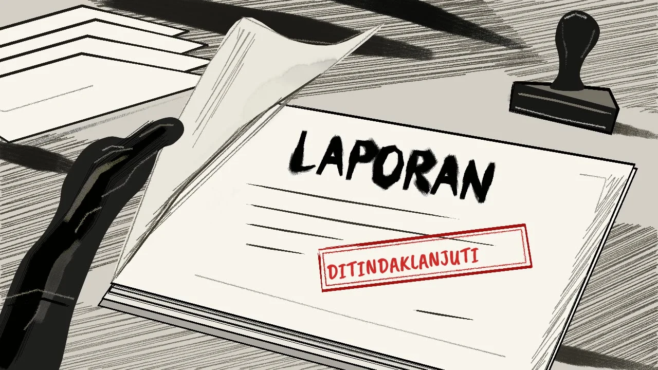 A report receives a red stamp reading DITINDAKLANJUTI, or followed up