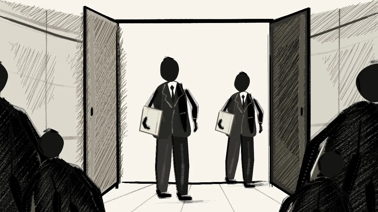 Two figures carrying documents step through a pair of open doors