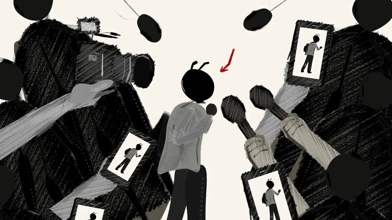 An anonymous figure surrounded by cameras, microphones, and screens in the ink animation No Viral, No Justice?