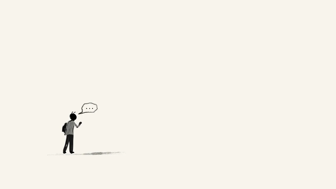 A small backpacked figure tries to speak in an otherwise empty paper landscape