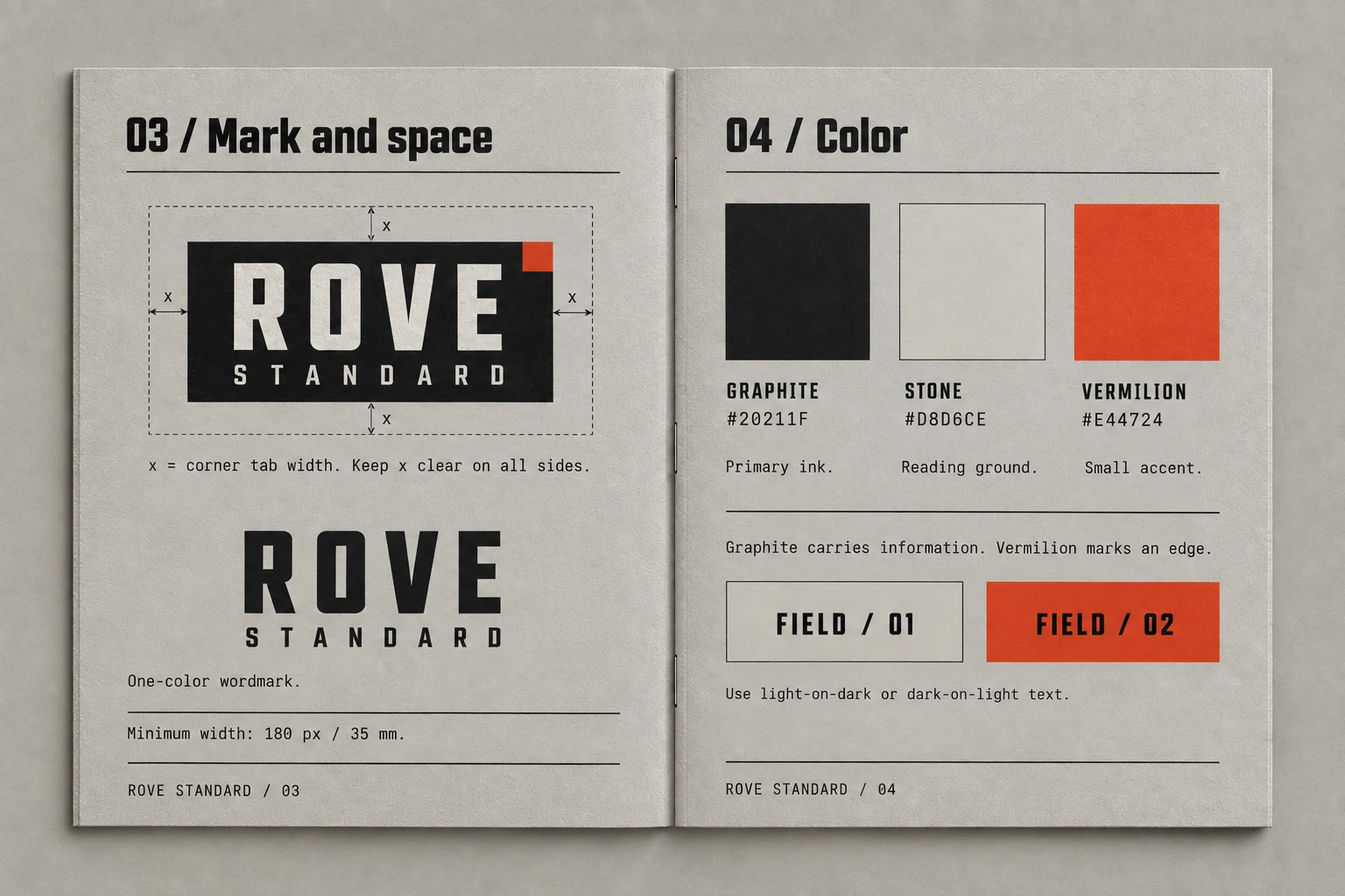 Rove Standard: Mark, clear space and color — 03–04
