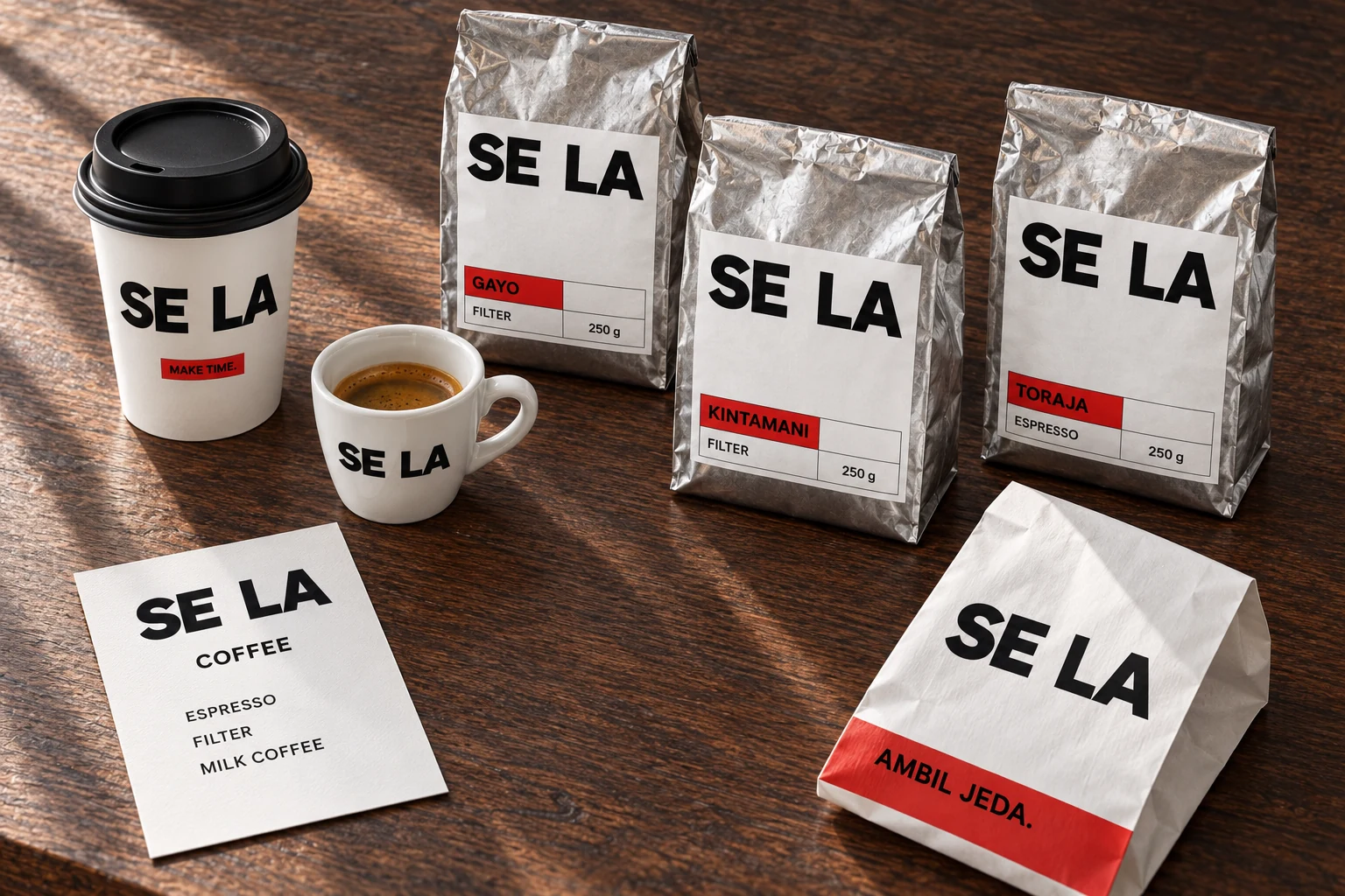 SELA: Cups, menu and cafe materials