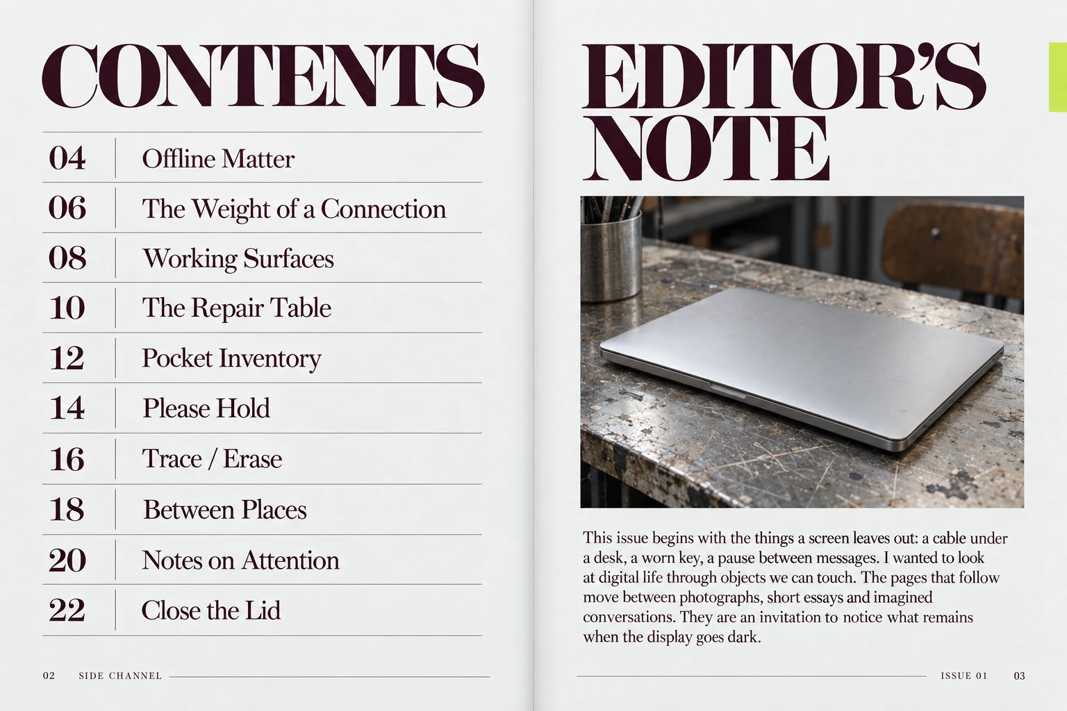 SIDE CHANNEL / Offline Matter: Contents and editor's note / 02–03