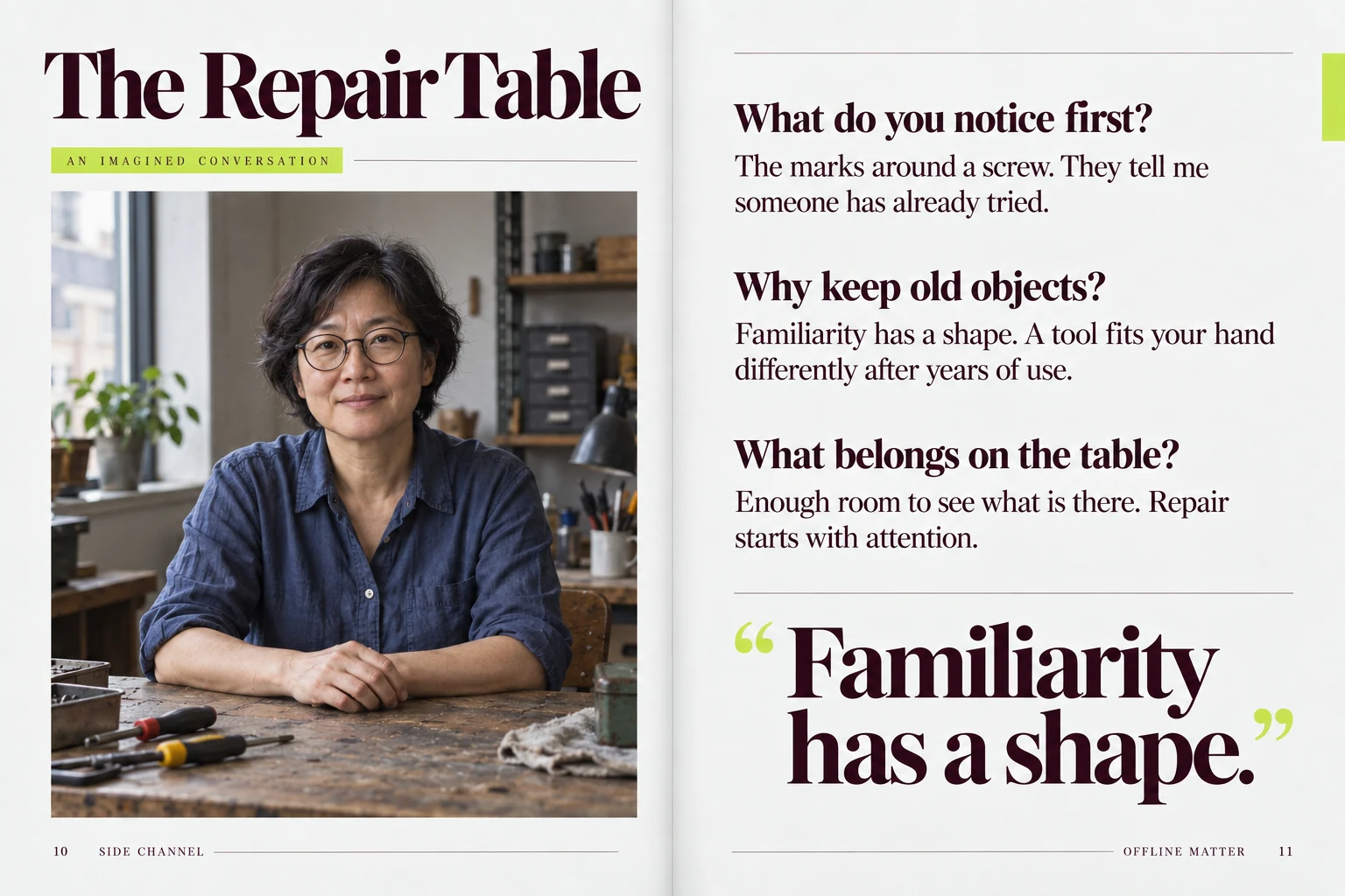 SIDE CHANNEL / Offline Matter: The Repair Table / 10–11