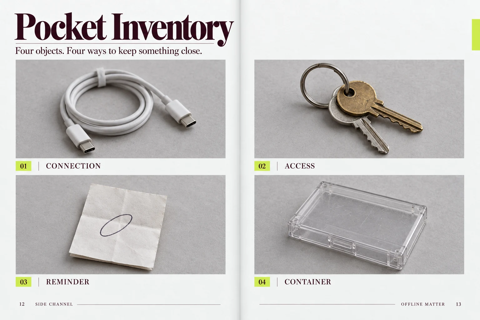 SIDE CHANNEL / Offline Matter: Pocket Inventory / 12–13